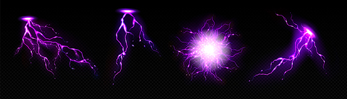 Realistic set of purple lightning strikes and bolts isolated on transparent background. Vector illustration of electric energy discharge effect, sparking flashes of thunderbolt, magic spell power