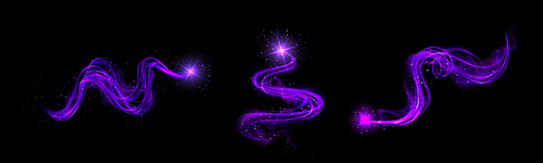 Realistic set of purple light vortex effects isolated on black background. Vector illustration of luminous lines with shiny glitter particles, magic energy curve twirl, glowing Christmas decoration