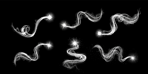 Magic spiral white light glow effect vortex wave vector. Wind swirl and curve line shine with energy sparkle, flare and star dust. Abstract mist funnel illuminated. Flying power smoke trail motion