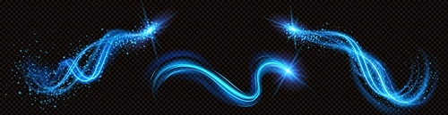 Spiral magic vortex light effect with glow vector. Neon energy swirl flare with glitter particle. Shiny speed motion transparent abstract curve. Futuristic flying luminous power beam with twinkle.