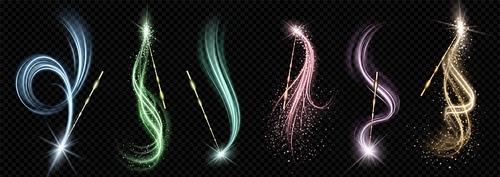 Magic wand with wizard spell sparkle light vector. Magician fairy glitter trail effect with glowing stick on black background. Fantasy spiral vortex shine isolated Fairytale abracadabra wish neon line