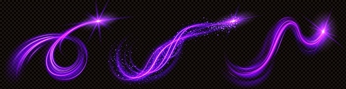 Spiral magic vortex light effect with glow vector. Neon energy swirl flare with glitter particle. Shiny speed motion transparent abstract curve. Futuristic flying luminous power beam with twinkle.