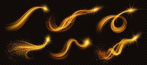 Realistic set of golden light vortex effects isolated on transparent background. Vector illustration of luminous yellow lines, shiny glitter particles, magic wand twirl, glowing Christmas decoration