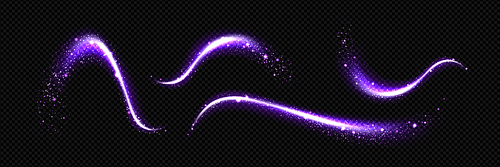 Magic dust with sparkle and glitter light vector effect. Purple swirl trail with glow particle. Fairy tale witch neon wave from wand spell. Abstract 3d stardust twinkle shiny magician overlay texture.