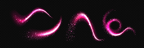 Fairy pink light trail from magic wand with dust and bright flash. Realistic vector set of abstract swirl wavy lines with glitter and sparkles with glow motion effect. Curve starlight with twinkle.