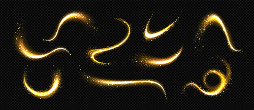 Magic gold glitter dust with star sparkle vector trail effect. Golden fairy shine light and stardust abstract swirl texture. Shiny luxury yellow tail with bright particle spray. Comet falling twirl