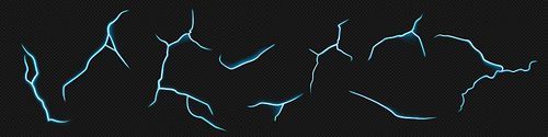 Lightning electric effect, light thunder vector isolated on transparent background. 3d thunderbolt shock power element set. Magic discharge or neon ground crack. Laser strike texture illustration