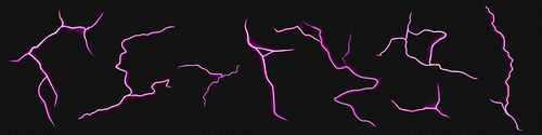 Realistic lightning bolt pattern set, black transparent background. Vector illustration of neon purple cracks, electric discharge on dark sky, thunderstorm flash light effect, destructive power strike