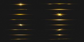 Gold line light glow with sparkle and flare shine. Horizontal golden neon streak effect isolated on transparent background. Magic flash laser strip divider with glitter shimmer design illustration