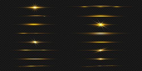 Gold line light glow with sparkle and flare shine. Horizontal golden neon streak effect isolated on transparent background. Magic flash laser strip divider with glitter shimmer design illustration