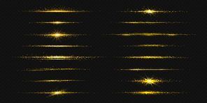 Gold line light glow with sparkle and flare shine. Horizontal golden neon streak effect isolated on transparent background. Magic flash laser strip divider with glitter shimmer design illustration