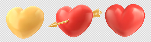 3d gold and red heart balloon icon with arrow vector isolated on transparent background. Shiny and glossy Valentine day shape element design. Cupid baloon dimensional symbol clipart collection.
