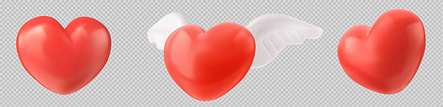 Realistic set of 3D hearts isolated on transparent background. Vector illustration of red symbols of love, romance, charity, health care and medicine. Like emoji design with and without angel wings