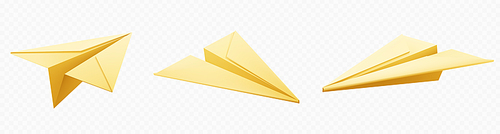 Realistic 3d yellow paper plane isolated vector. Origami airplane model flying icon on transparent background. Send email letter concept. Symbol success in business. Sent message illustration