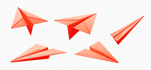 Icons of paper plane flying in air. 3d origami, model of airplane from red folded paper sheet isolated on transparent background, vector realistic illustration