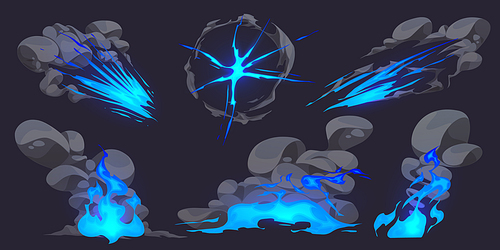 Cartoon set of explosion effects with neon blue fire and grey clouds of smoke. Vector illustration of comic style blast, puff, fast speed motion, dust trail, boom wave animation isolated on black