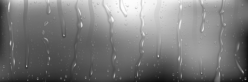 Rain water on window glass. Wet glass texture with drops and flows of pure aqua from shower or condensation. Abstract background with raindrops or dew, vector realistic illustration