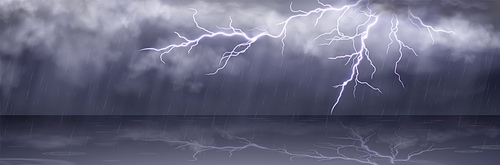 Rainy thunderstorm vector background lightning in sky. Dark cloudy storm weather and thunder in autumn. Electric flash nature energy and hurricane panoramic landscape for horror picture landscape