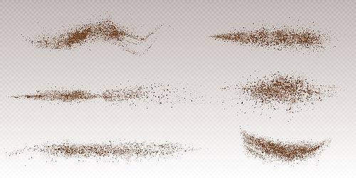 Isolated flying cocoa powder top view on transparent background. Brown coffee dust particles vector texture. 3d arabica granule explode illustration. Realistic caffeine grainy stroke design template