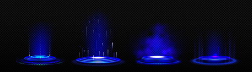 Neon light technology effect circle portal podium. 3d tech game stage with futuristic glow. Cyber product display pedestal element for virtual casino scene. Scifi led platform design with smoke