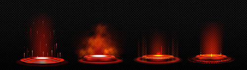 3d circle podiums with neon light. Futuristic stages with red glow effect, rays and smoke. Abstract round pedestals for tech and digital products presentation, vector realistic set