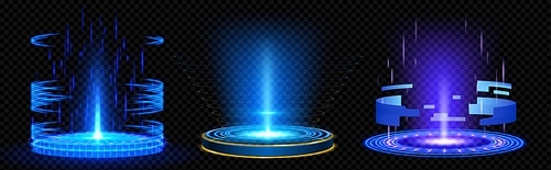 Set of high tech hologram portals with blue light effect. Vector realistic illustration of futuristic game technology, round podiums with glowing laser beams, neon hologram. Teleport to scifi universe