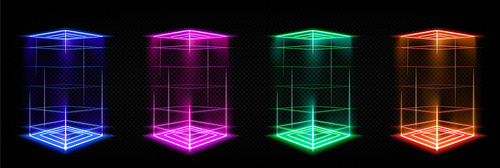 Set of square hologram portals with color light effect. Vector realistic illustration of futuristic game podiums with glowing laser beams, neon color teleports isolated on transparent background