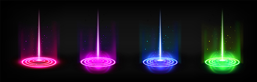Set of round hologram portals with color light effect. Vector realistic illustration of futuristic game podiums with glowing laser beams, neon color teleports isolated on transparent background