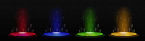Hologram effect light portal digital podium game. 3d blue magic glow teleport platform with ring and hud beam. Fantasy vr ski fi stage interface design. Cyber level base element with neon laser
