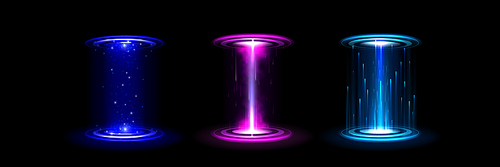 Round neon hologram portal with glowing light effect. Realistic vector illustration set of game futuristic teleport gadget for space and time travel. Magic fantasy cyber circle platform with beams.