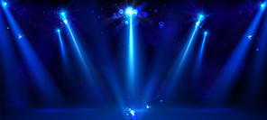 Abstract blue spotlight show stage for party event. Night luxury concert podium for award and winner design backdrop. Premium anniversary ceremony with bright shine. Empty fame studio with glitter