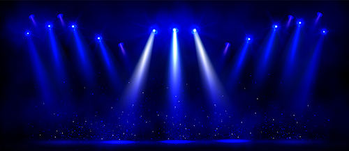 Blue spotlight illumination on stage. Vector realistic illustration of bright lamps shining, sparkling particles shimmering on floor and in air during theater performance, music concert, circus show