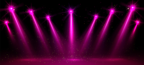 Pink spotlight party show stage vector background. Disco spot light scene for winner podium. 3d night abstract broadway studio to dance with color projector. Magic shine entertainment design with lamp