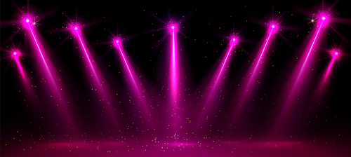Pink spotlight party show stage vector background. Disco spot light scene for winner podium. 3d night abstract broadway studio to dance with color projector. Magic shine entertainment design with lamp