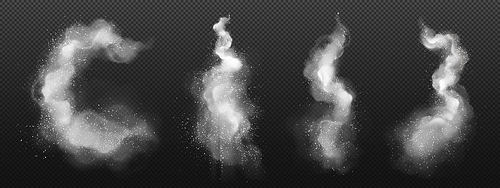 Splash of white powder, dust or snow isolated on transparent background. Sugar or salt explosion, falling sand or flour with particles, vector realistic set