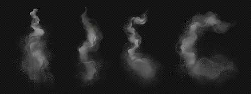 Realistic set of smoke trail in air isolated on transparent background. Vector illustration of ash clouds with small particles flying around. Fast speed movement tail left by aircraft or rocket in sky