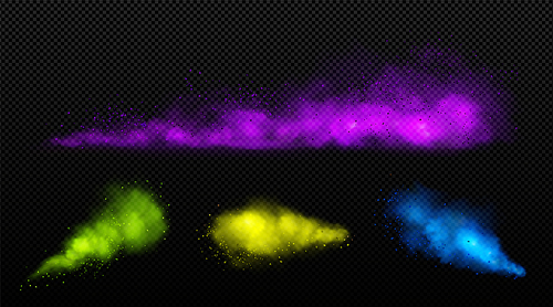 Realistic set of color powder clouds on transparent background. Vector illustration of purple, green, yellow, blue paint splash in air, holi fest colorful dust splatters, spray texture, vivid mist