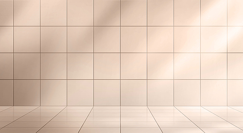 Bathroom studio with ceramic tile wall and floor vector illustration. Square clean pattern for light toilet interior. Beige geometric abstract bath room mockup with shadow. Pastel glossy construction