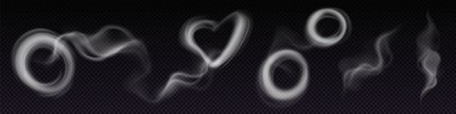 Smoke steam circle ring vector cloud effect. 3d realistic vape or hookah fog line swirl art. Magic transparent smoky puff heart shape for love template. isolated abstract creative vapour overlay trail