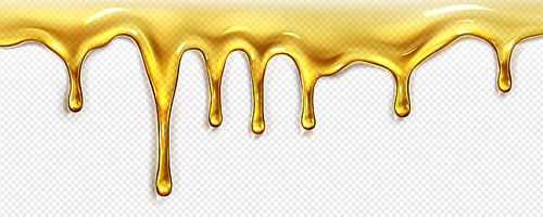Realistic oil or honey flow isolated on transparent background. Vector illustration of yellow sticky fluid substance dripping down. Natural food product. Sweet syrup splash, dessert. Seamless pattern