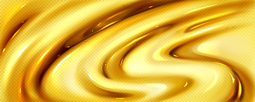 Realistic liquid honey background. Vector illustration of transparent yellow substance with bubbles and waves on glossy surface. Viscous caramel, molten wax, sticky nectar. Abstract fluid design