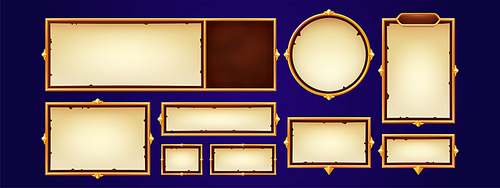 Game dialogue boxes, speech bubbles and frames for text. Banners with blank old paper and gold border in retro style, vector cartoon set isolated on background