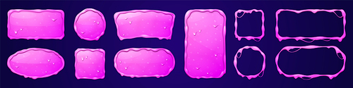 Slime name plate kit for game ui. Pink phlegm texture square and circle avatar frame isolated vector set. Slimyt button with liquid drop design asset for web interface. Goo sign tag with border.