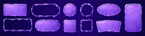 Slime name plate kit for game ui. Purple phlegm texture square and circle avatar frame isolated vector set. Violet button with liquid drop design asset for web interface. Goo sign tag with border.