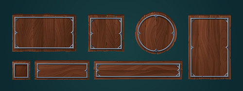 Wooden plates with metal frames for game ui design. Wood signs, panels and planks different shapes with medieval iron borders, vector cartoon set isolated on background