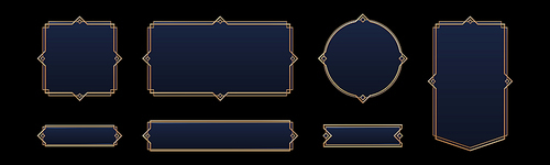 Realistic set of vintage avatar frames and game buttons isolated on black background. Vector illustration of art deco style borders for rpg interface design. Square, rectangular, round royal signs