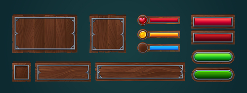 Cartoon set of wooden frames and buttons for game ui design. Vector illustration of old square and rectangular boards with iron border, progress bars with heart and coin icons isolated on background