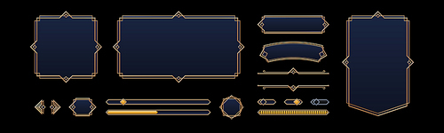 Game UI elements with gold frames in medieval style. Buttons, banners different shapes, progress bar, arrows and sliders with fantasy metal border, vector cartoon set