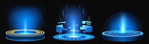 Blue hologram tech game portal with light effect set. Digital technology hud teleport screen with cyber neon platform element. Scifi vector stage for ui interface or product display round design