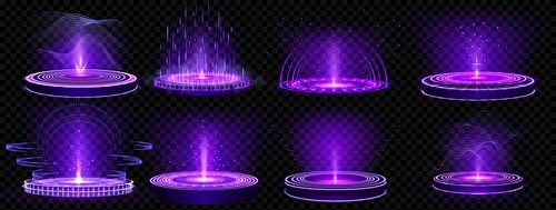 Purple game hologram light circle podium teleport. 3d magic technology neon glow hud platform element vector design set. Fantasy energy stage with sound wave, plexus line, stardust and arch sparkle
